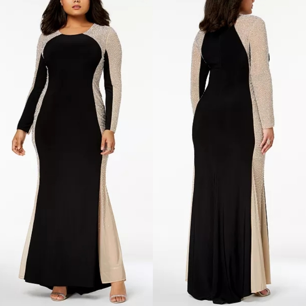 XSCAPE Long Sleeve Caviar Beaded Black/Nude Dress 12 Wedding Gala Party Formal
